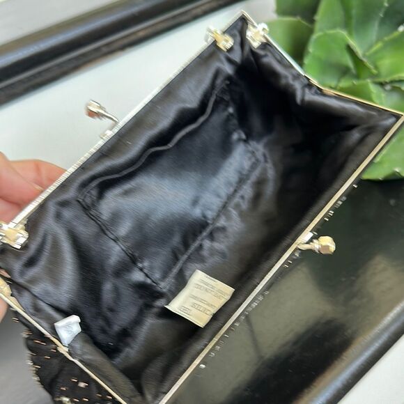 Vintage Embellished Evening Clutch Purse Beaded Floral Satin Bag Chain Strap - Picture 6 of 6